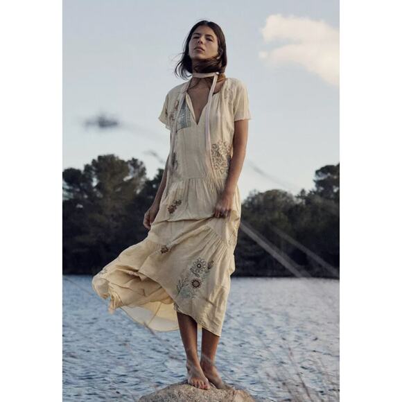 Zara Embroidered Dress Limited Edition Vanilla Beige Yellow Large 7521/059 - Picture 1 of 11